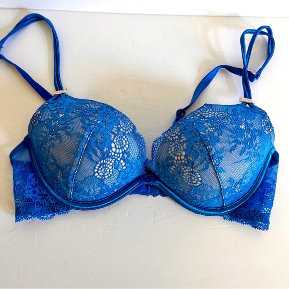 Victoria’s Secret Blue Lace Gorgeous Push Up Sexy Little Things Bra Sz 34 B - Picture 1 of 6